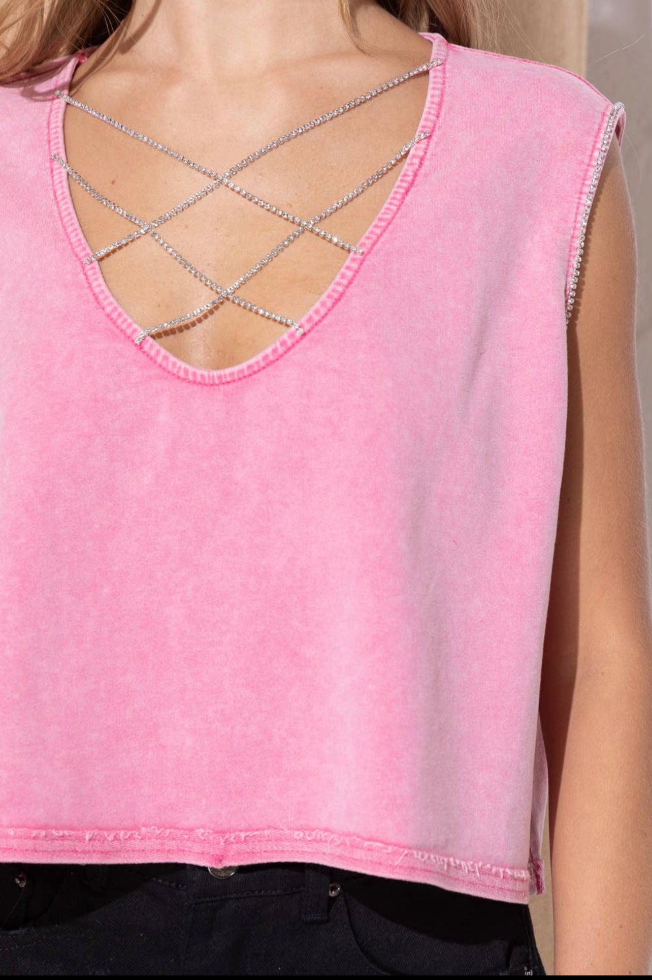 Rhinestone Cross Front Crop Tank - Pink